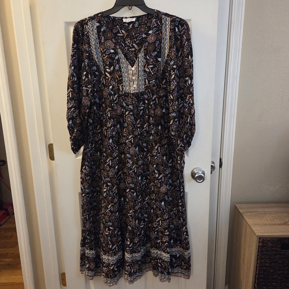 Beach Lunch Lounge sz XXL Prairie Hippie midi black floral shift dress casual